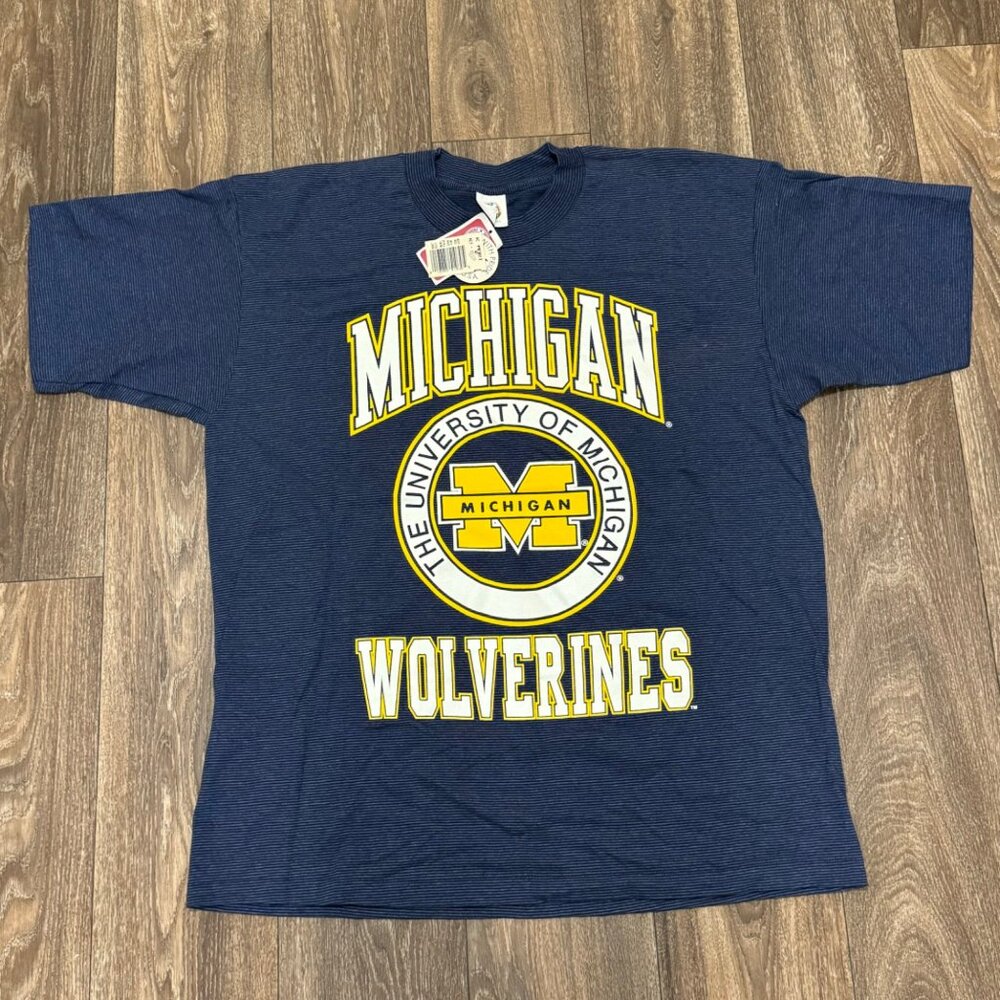 VTG Michigan Wolverines Shirt Men's XL Blue Striped Retro Sportswear 80s USA